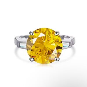 S925 Sterling Silver Round Classic Band Ring Chunky Women Yellow Cubic Zirconia